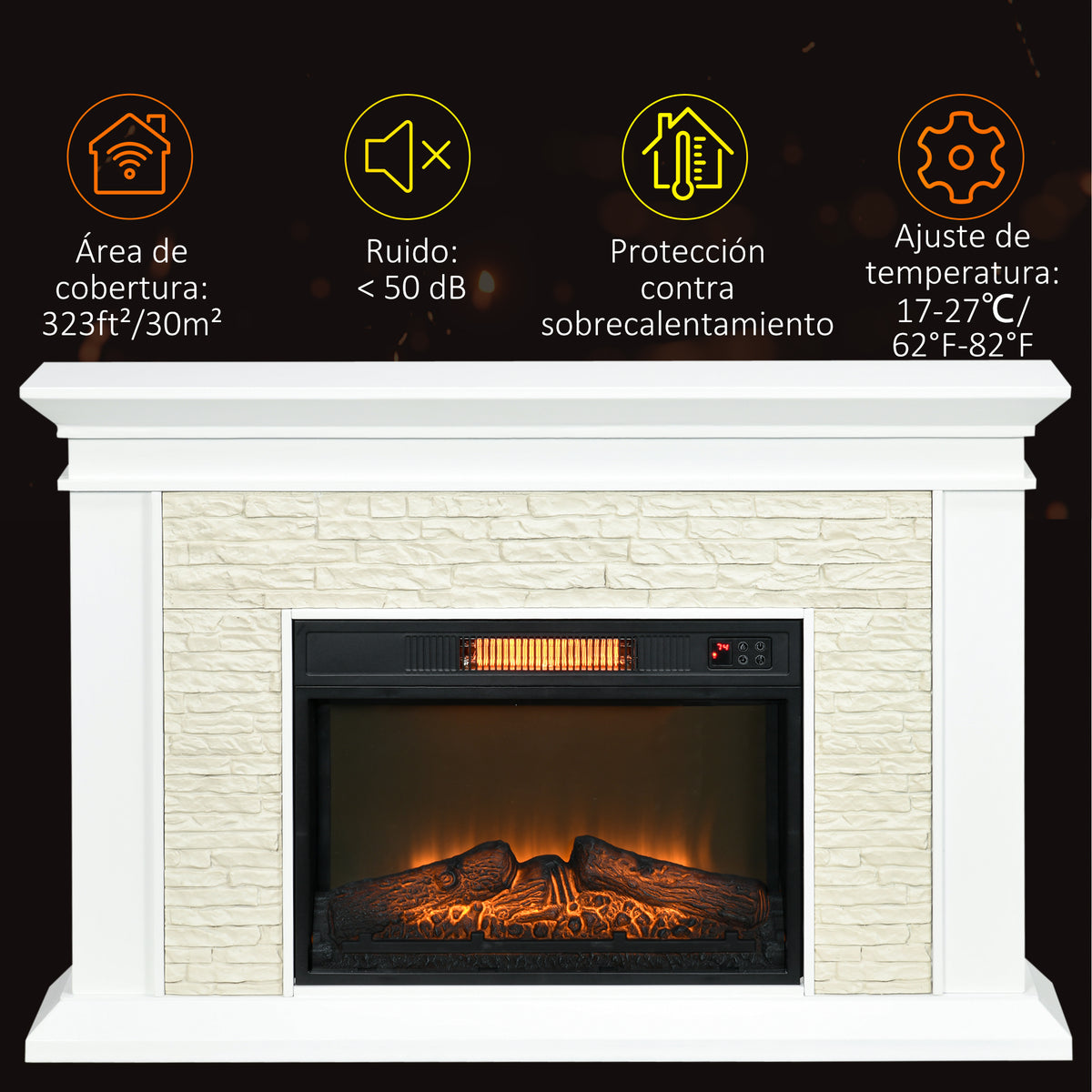 Chimenea Eléctrica con Calefacción 1800W Efecto de Llama con Control Remoto Temporizador 120x24x80 cm Blanco