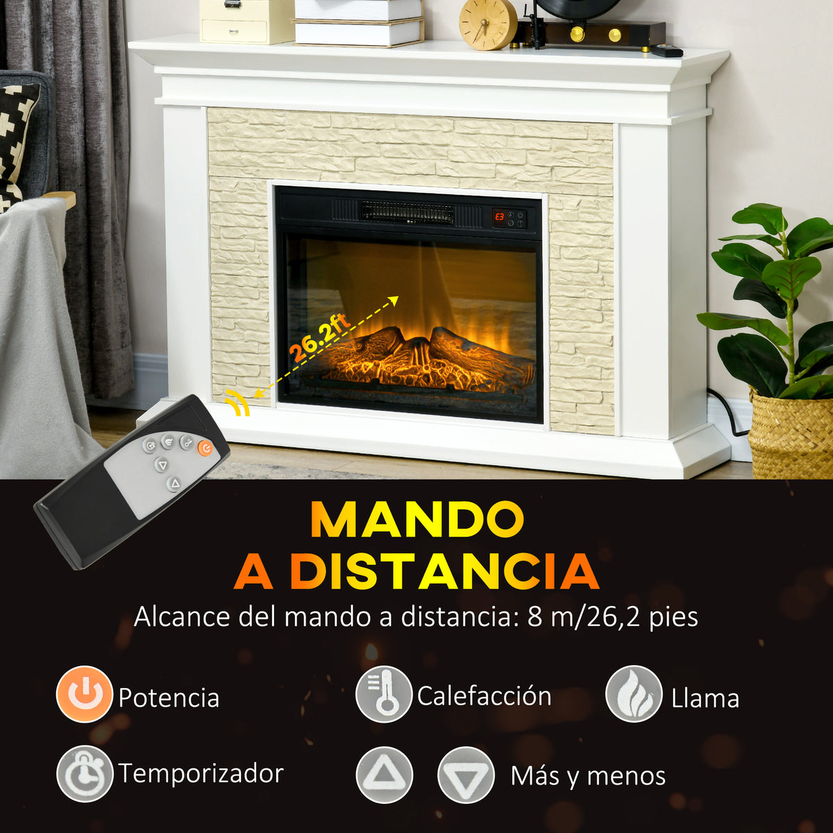 Chimenea Eléctrica con Calefacción 1800W Efecto de Llama con Control Remoto Temporizador 120x24x80 cm Blanco