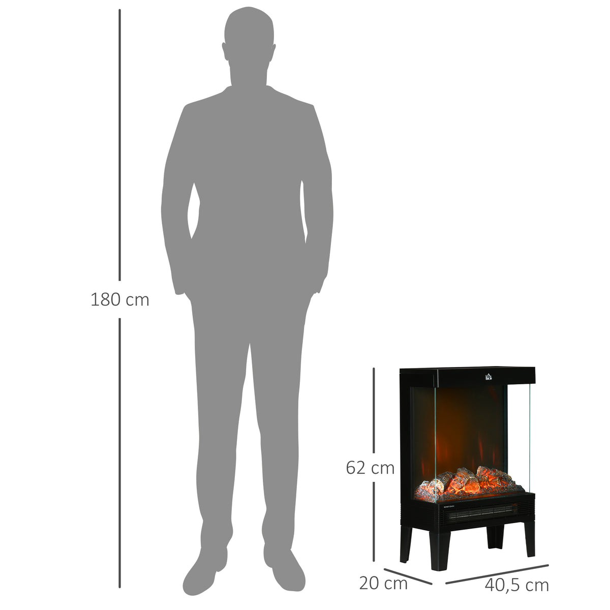Chimenea Eléctrica 1000W/2000W Calentador de Chimenea con Llama LED Ajustable hasta 15-20 m² 40,5x20x62 cm Negro