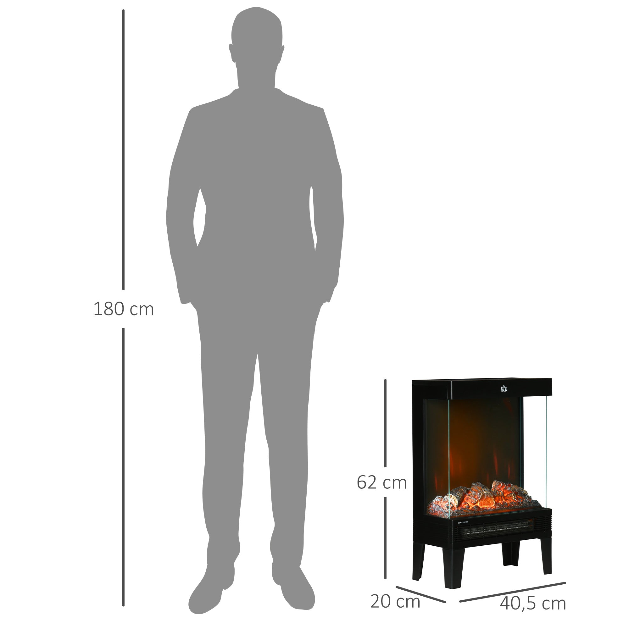 Chimenea Eléctrica 1000W/2000W Calentador de Chimenea con Llama LED Ajustable hasta 15-20 m² 40,5x20x62 cm Negro