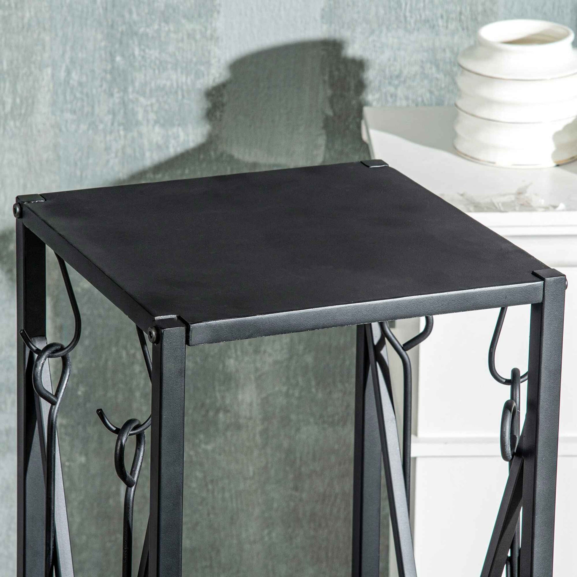 Soporte para Leña Estante de Leña Metálico Leñero de Exterior con Ganchos Pala Cepillo Atizador y Tenazas Carga 65 kg 34x34x111 cm Negro