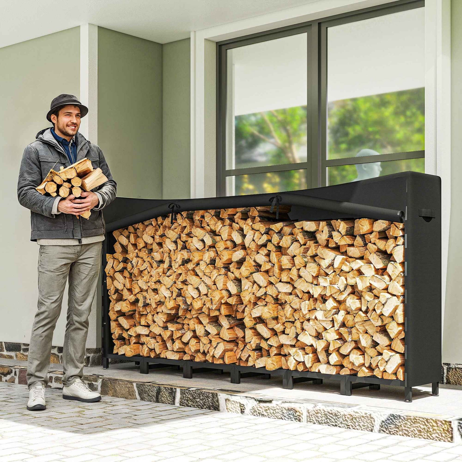 Estante de Leña Metálico, 235x31x116 cm, Leñero Exterior con Cubierta Impermeable 600D , Marco de Acero y Cadenas de Acero, Soporte para Leña de Chimenea, Almacenaje para Madera, Negro