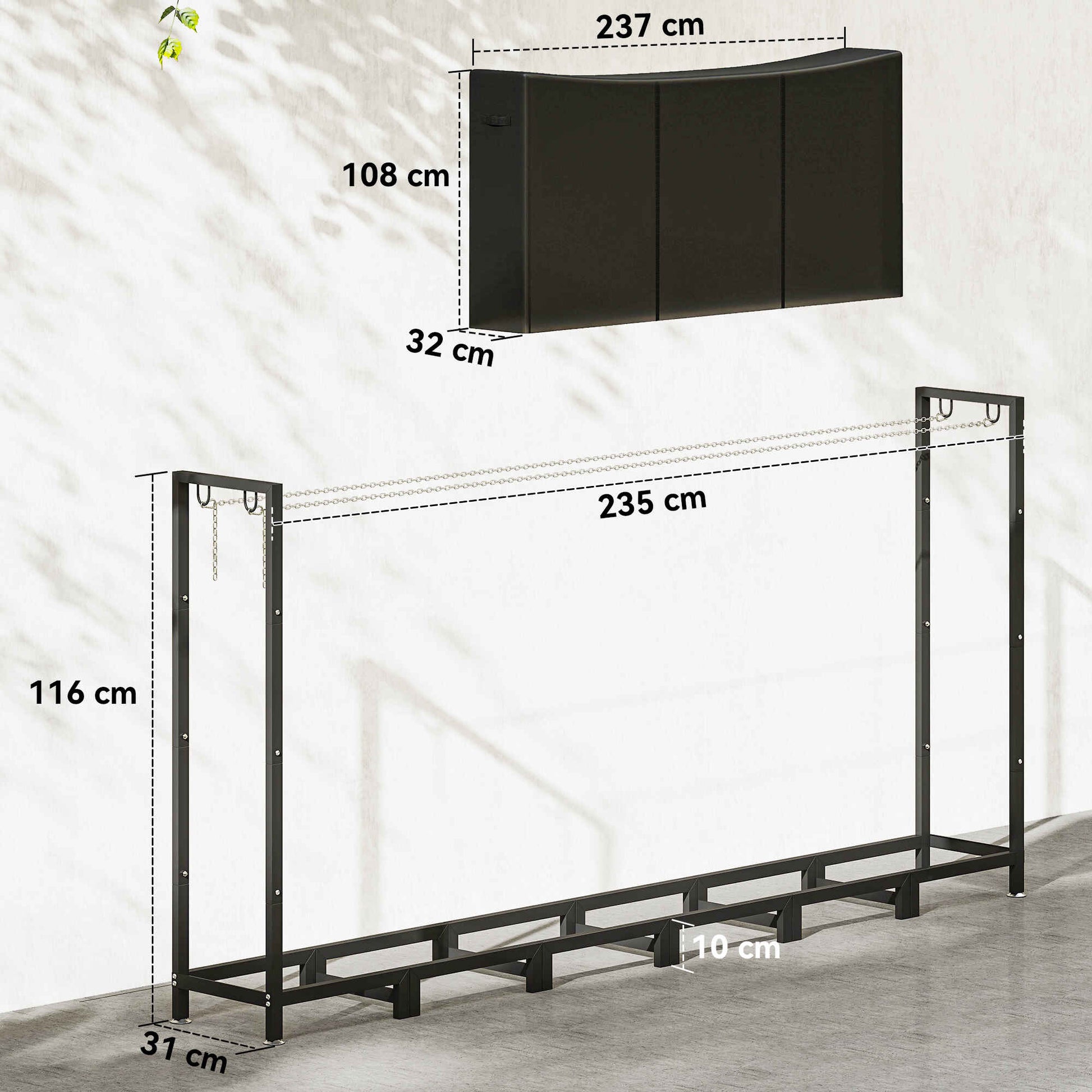 Estante de Leña Metálico, 235x31x116 cm, Leñero Exterior con Cubierta Impermeable 600D , Marco de Acero y Cadenas de Acero, Soporte para Leña de Chimenea, Almacenaje para Madera, Negro