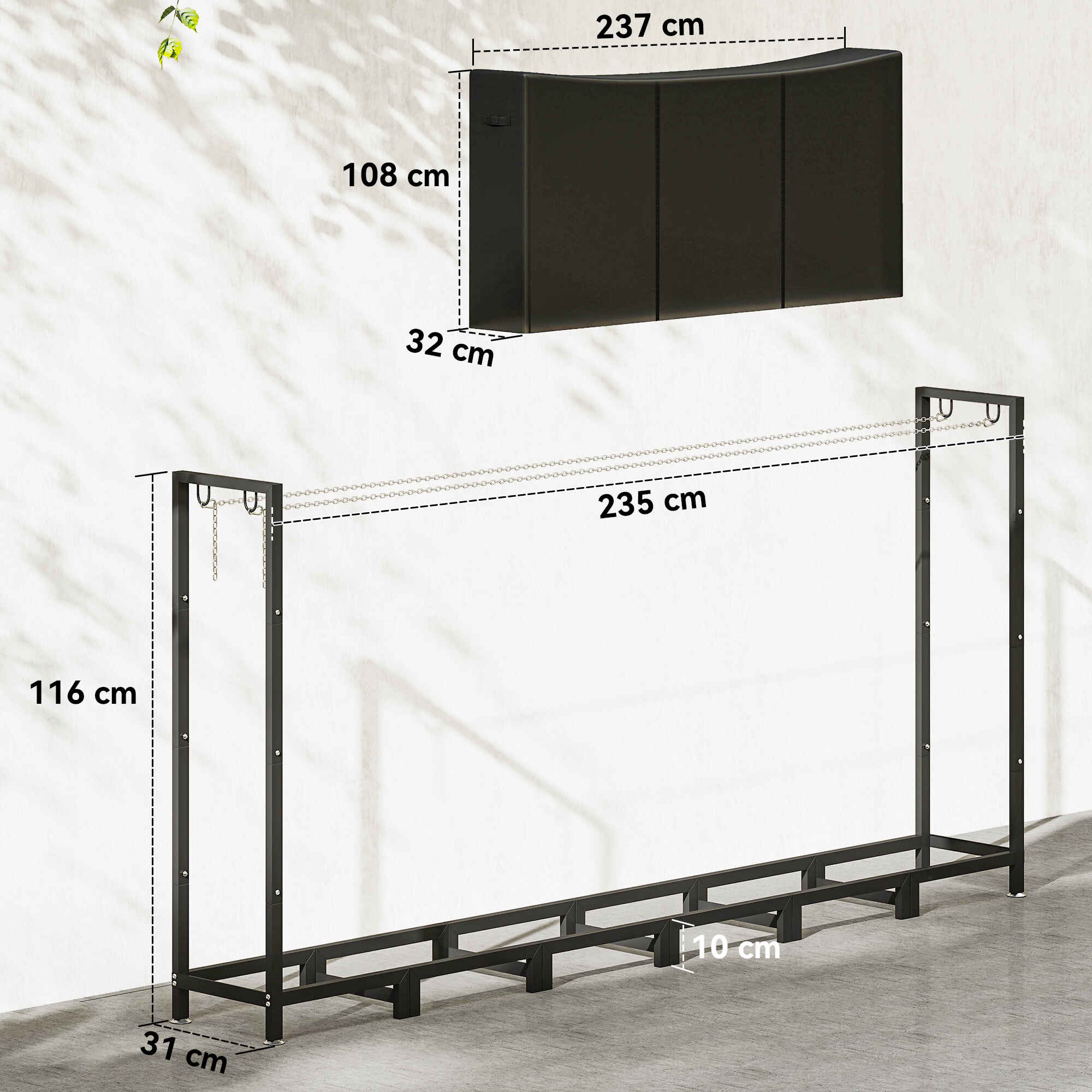 Estante de Leña Metálico, 235x31x116 cm, Leñero Exterior con Cubierta Impermeable 600D , Marco de Acero y Cadenas de Acero, Soporte para Leña de Chimenea, Almacenaje para Madera, Negro