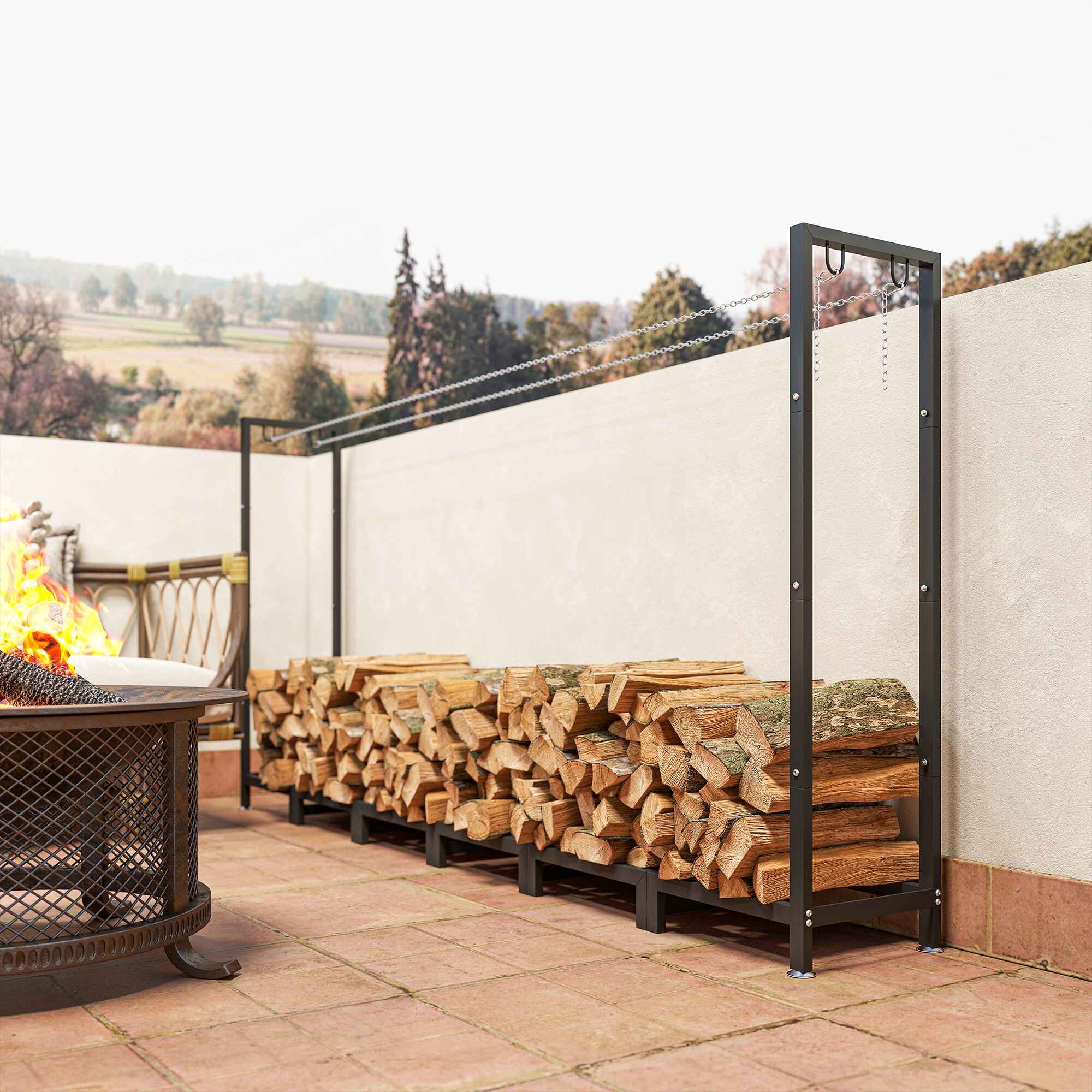 Estante de Leña Metálico, 235x31x116 cm, Leñero Exterior con Cubierta Impermeable 600D , Marco de Acero y Cadenas de Acero, Soporte para Leña de Chimenea, Almacenaje para Madera, Negro