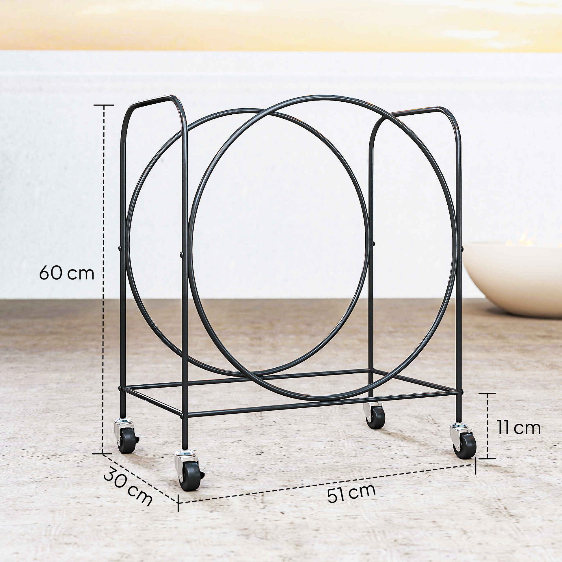 Estante de Leña de Metal con Ruedas, 51x30x60 cm, Leñero Exterior e Interior, Soporte para Leña de Chimenea, Almacenamiento para Madera, Negro