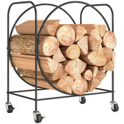 Estante de Leña de Metal con Ruedas, 51x30x60 cm, Leñero Exterior e Interior, Soporte para Leña de Chimenea, Almacenamiento para Madera, Negro
