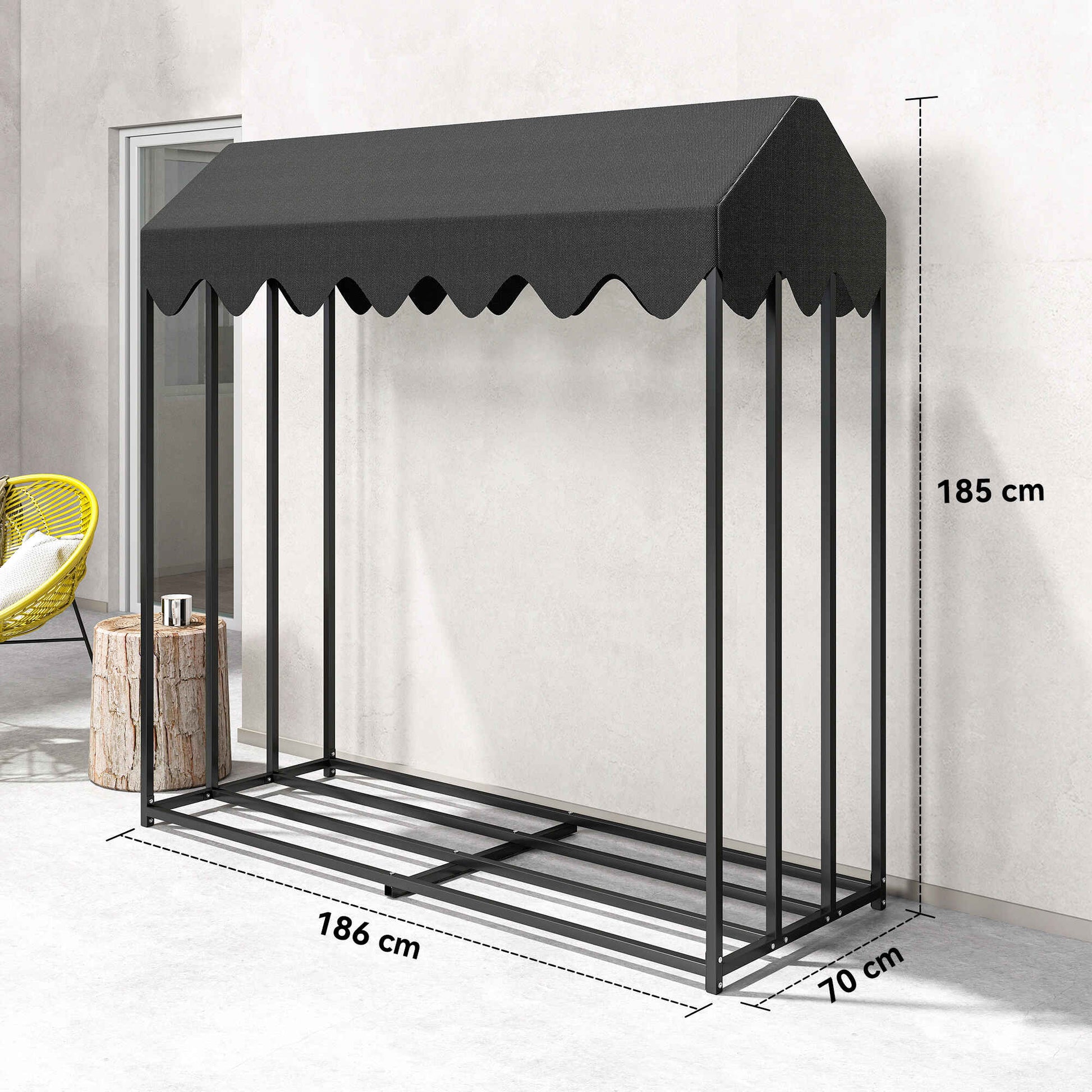 Estante de Leña Metálico, 186x70x185 cm, Leñero Exterior con Cubierta Impermeable 600D , Marco de Acero, Soporte para Leña de Chimenea, Carga 300 kg, para Jardín, Terraza