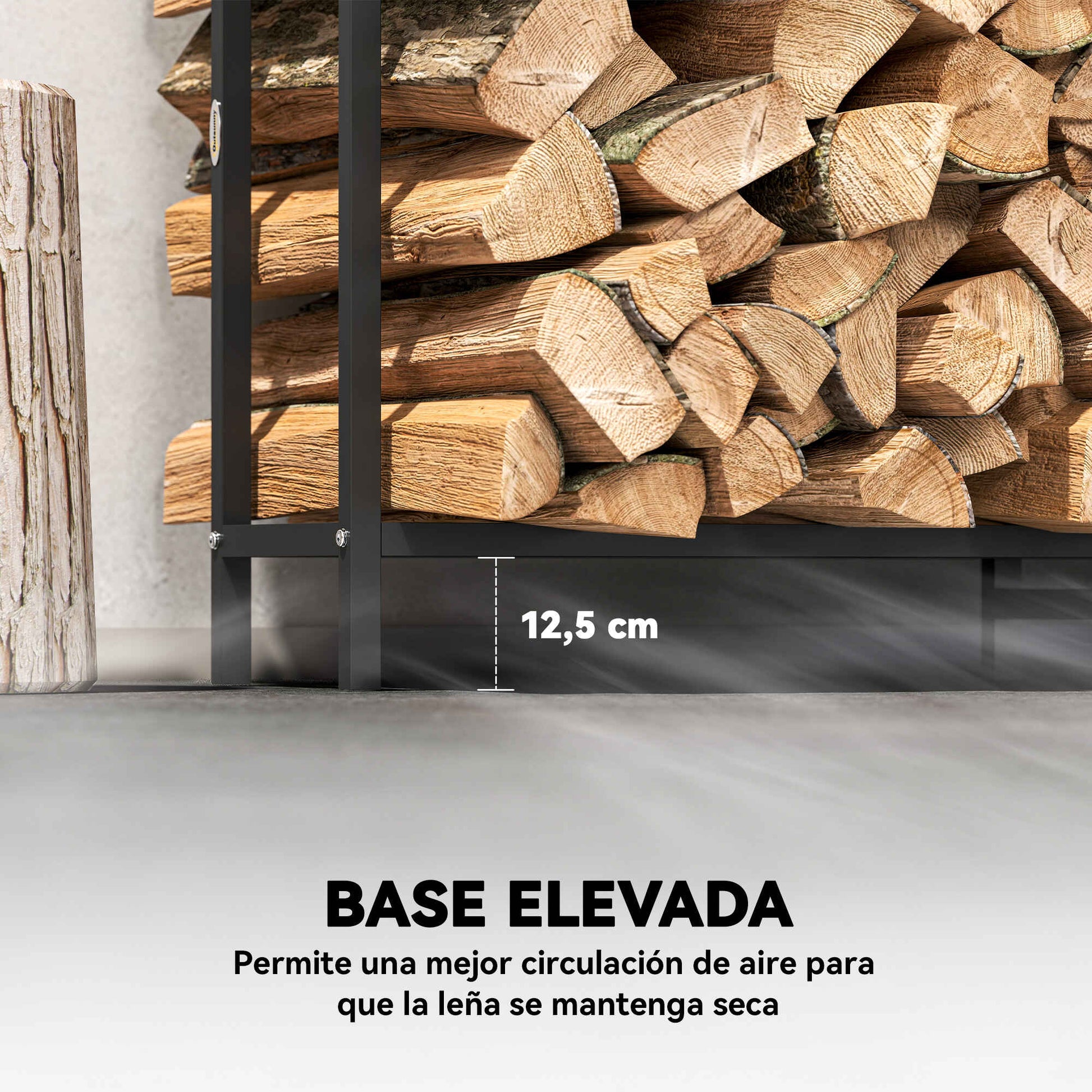 Estante de Leña Metálico, 199x30x121 cm, Leñero Exterior con Marco de Acero, Patas Extra Reforzadas y Diseño Recortado de Fogata, Soporte para Leña de Chimenea, Carga 300 kg, para Jardín