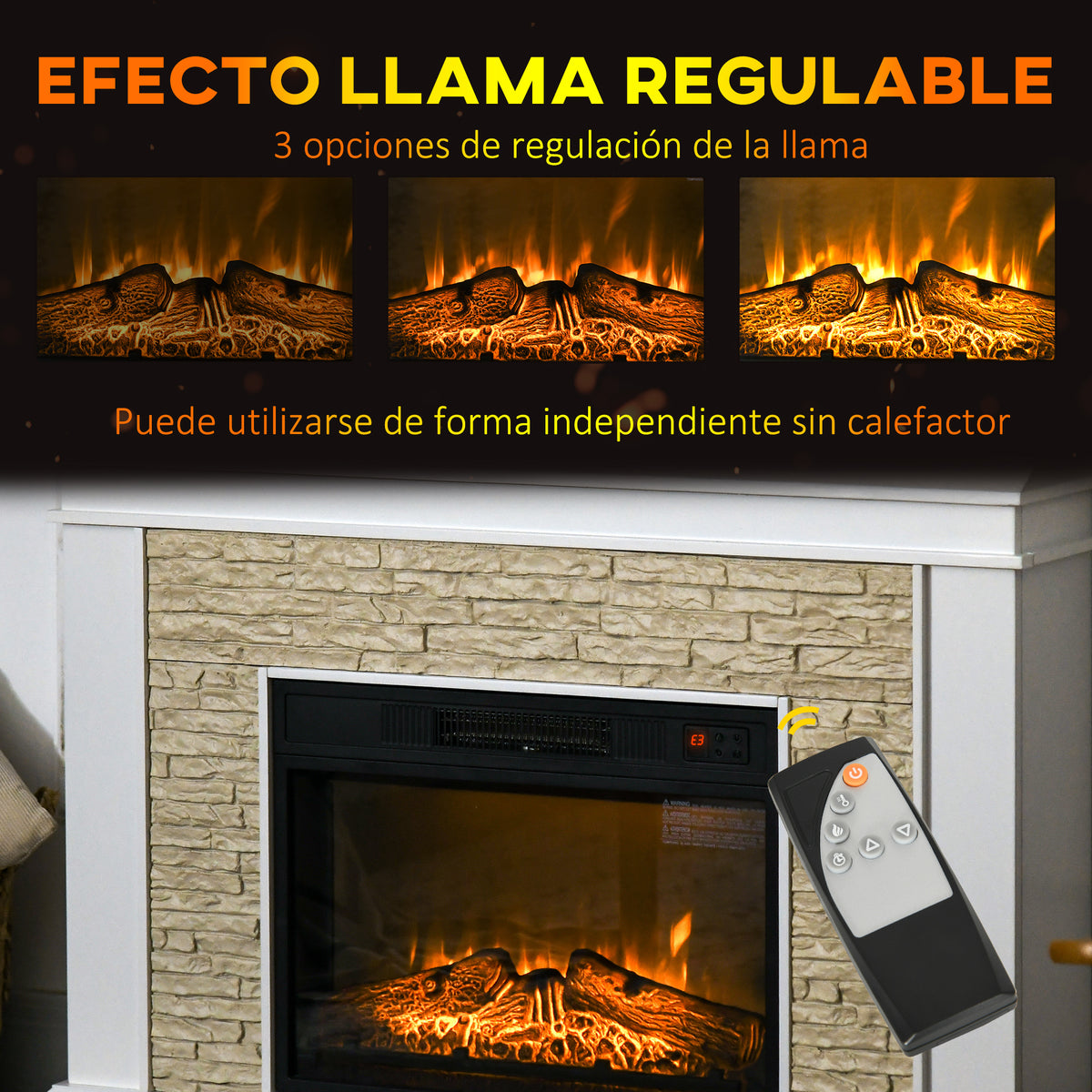 Chimenea Eléctrica con Calefacción 1800W Efecto de Llama con Control Remoto Temporizador 120x24x80 cm Blanco