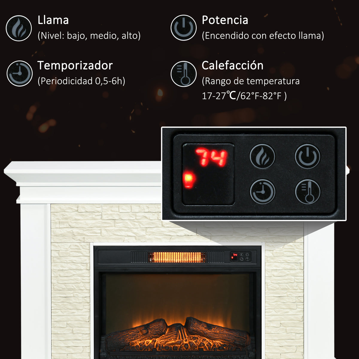 Chimenea Eléctrica con Calefacción 1800W Efecto de Llama con Control Remoto Temporizador 120x24x80 cm Blanco