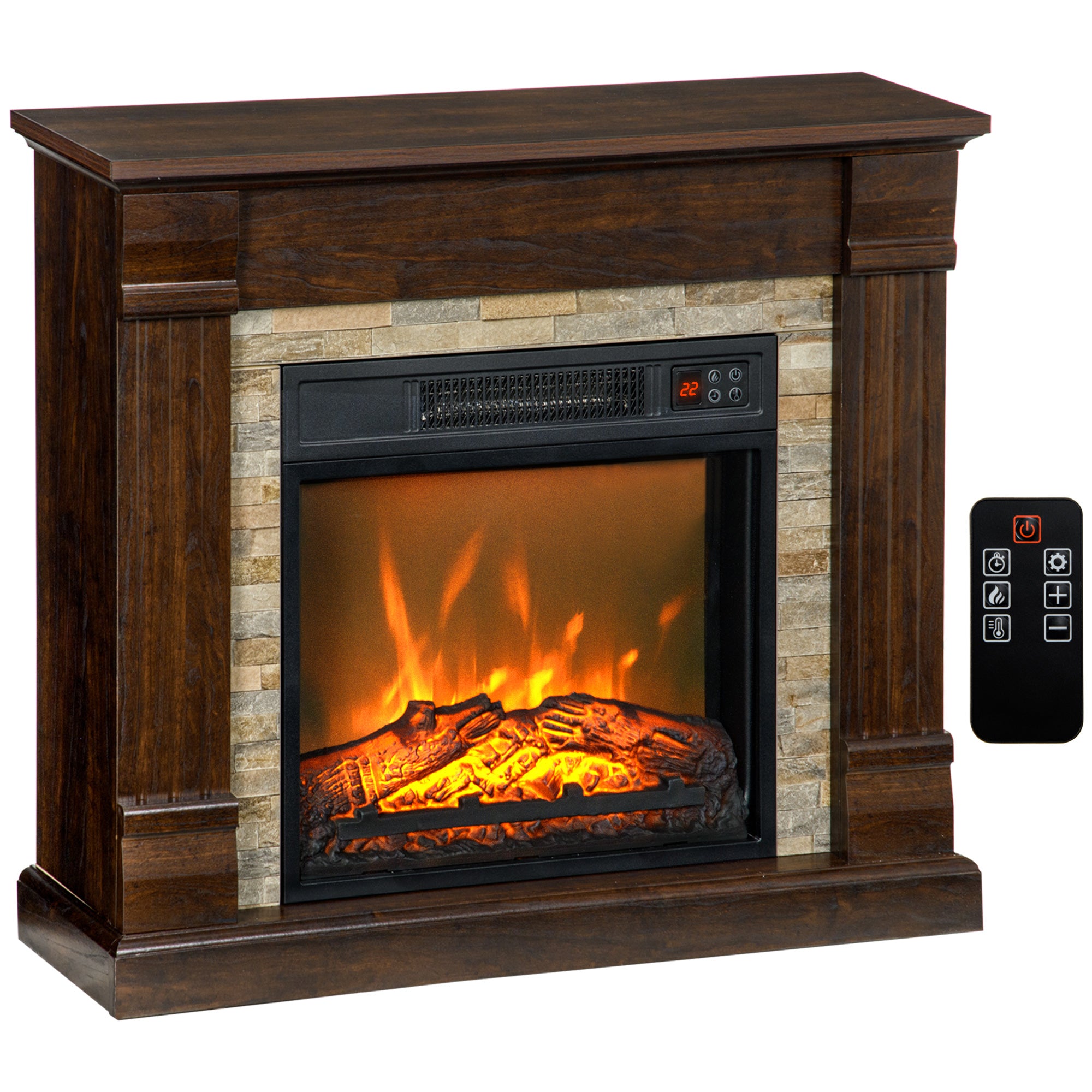 Chimenea Eléctrica 1800W Calentador de Chimenea con Efecto de Llama Mando a Distancia Temporizador 80x21,6x67,8cm Marrón