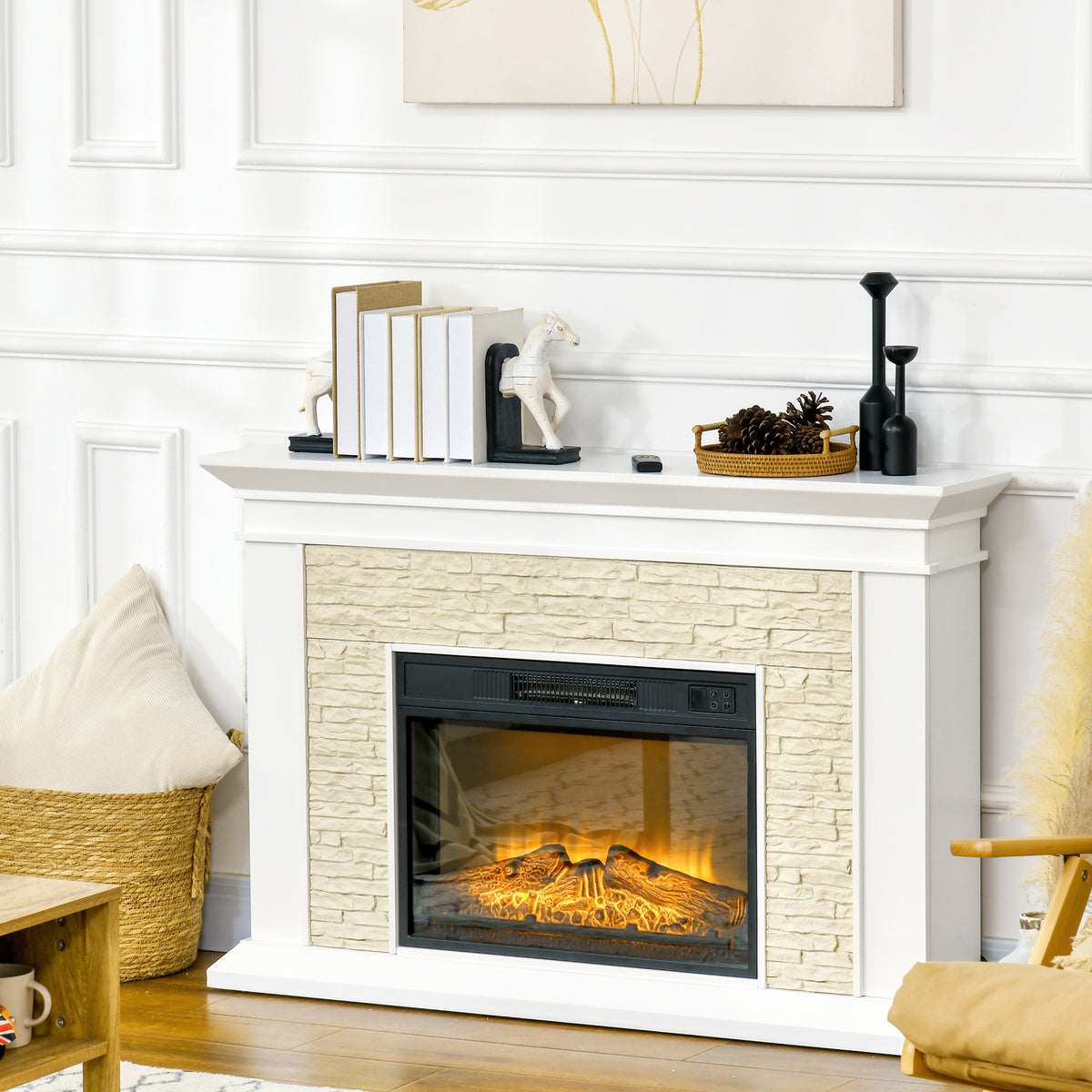Chimenea Eléctrica con Calefacción 1800W Efecto de Llama con Control Remoto Temporizador 120x24x80 cm Blanco