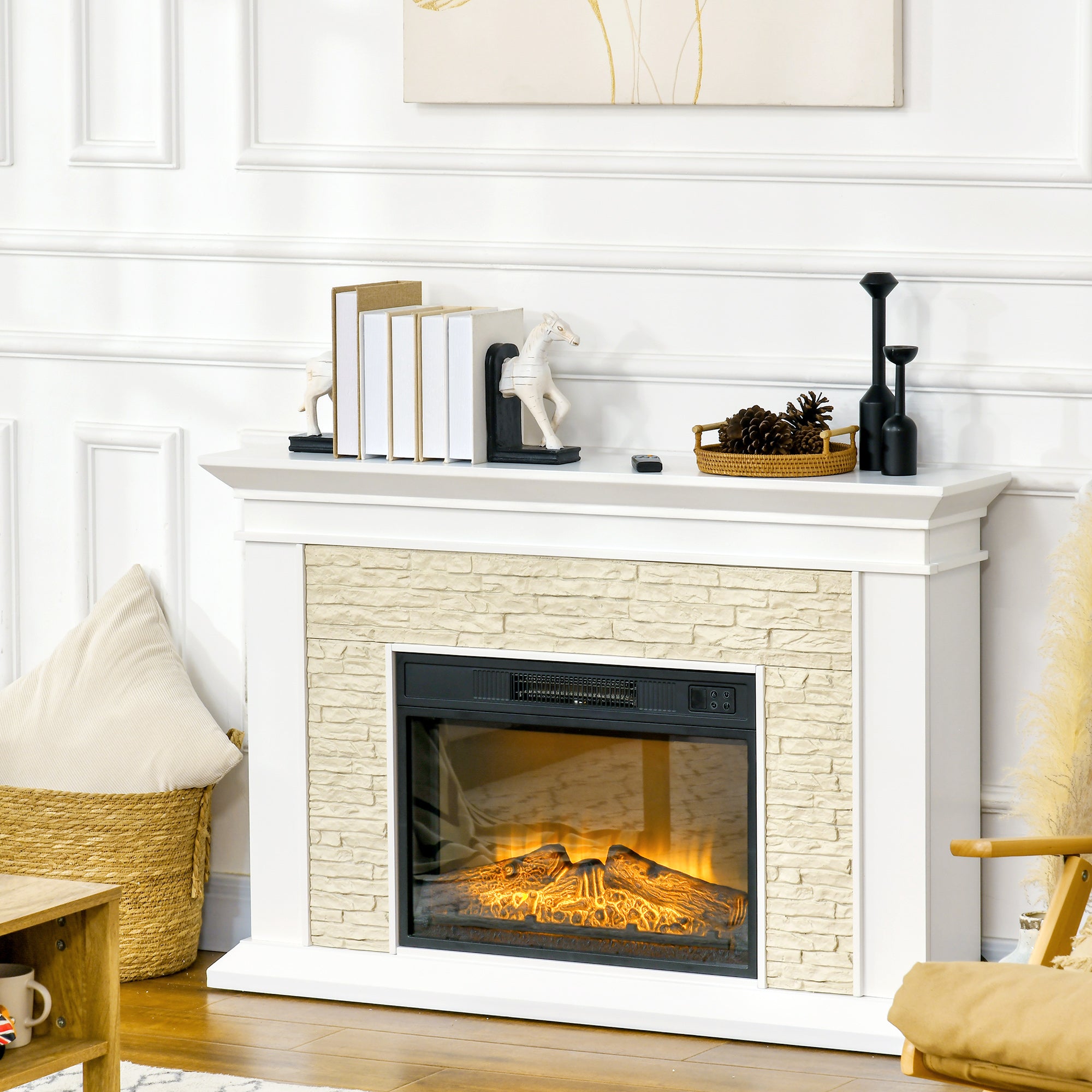 Chimenea Eléctrica con Calefacción 1800W Efecto de Llama con Control Remoto Temporizador 120x24x80 cm Blanco